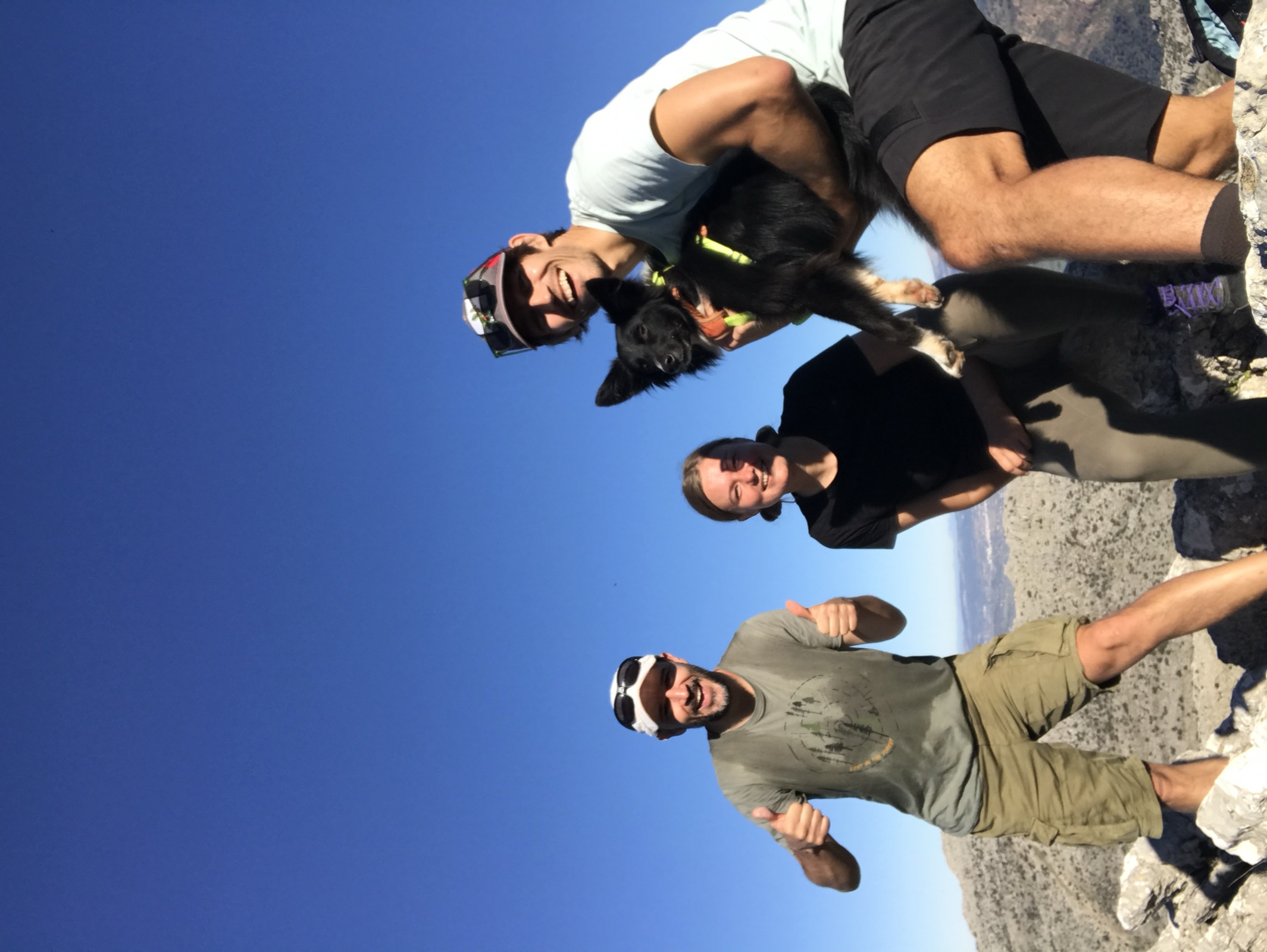 Friends and a dog at a mountain summit with clear blue sky