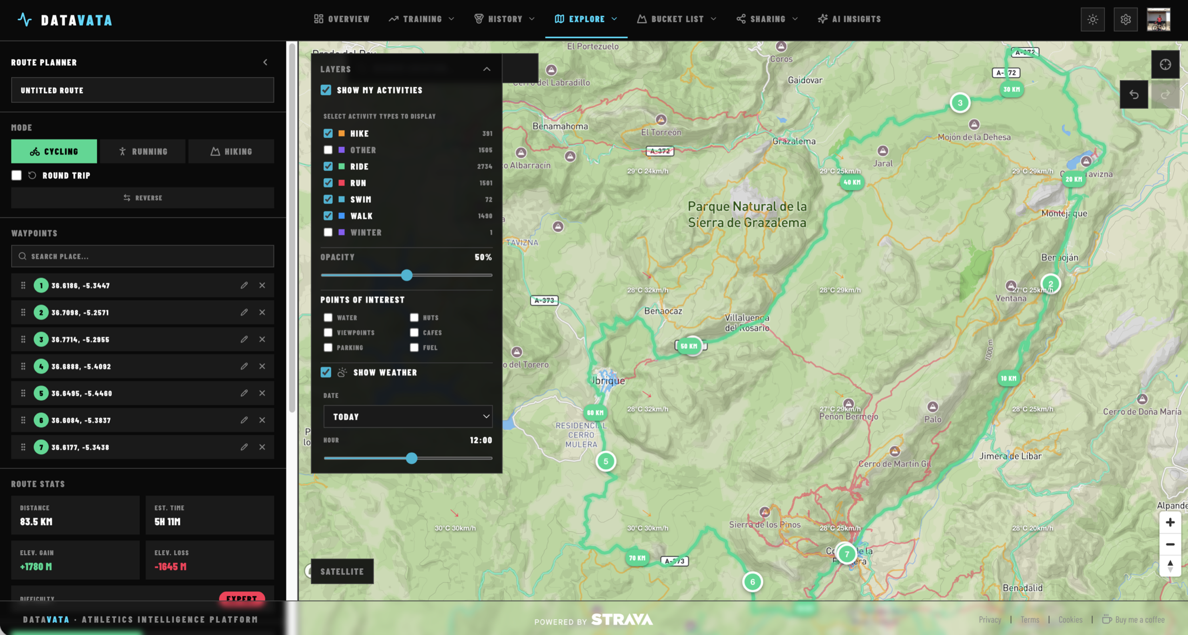 Datavata route planner with heat-map overlay highlighting gaps in terrain coverage