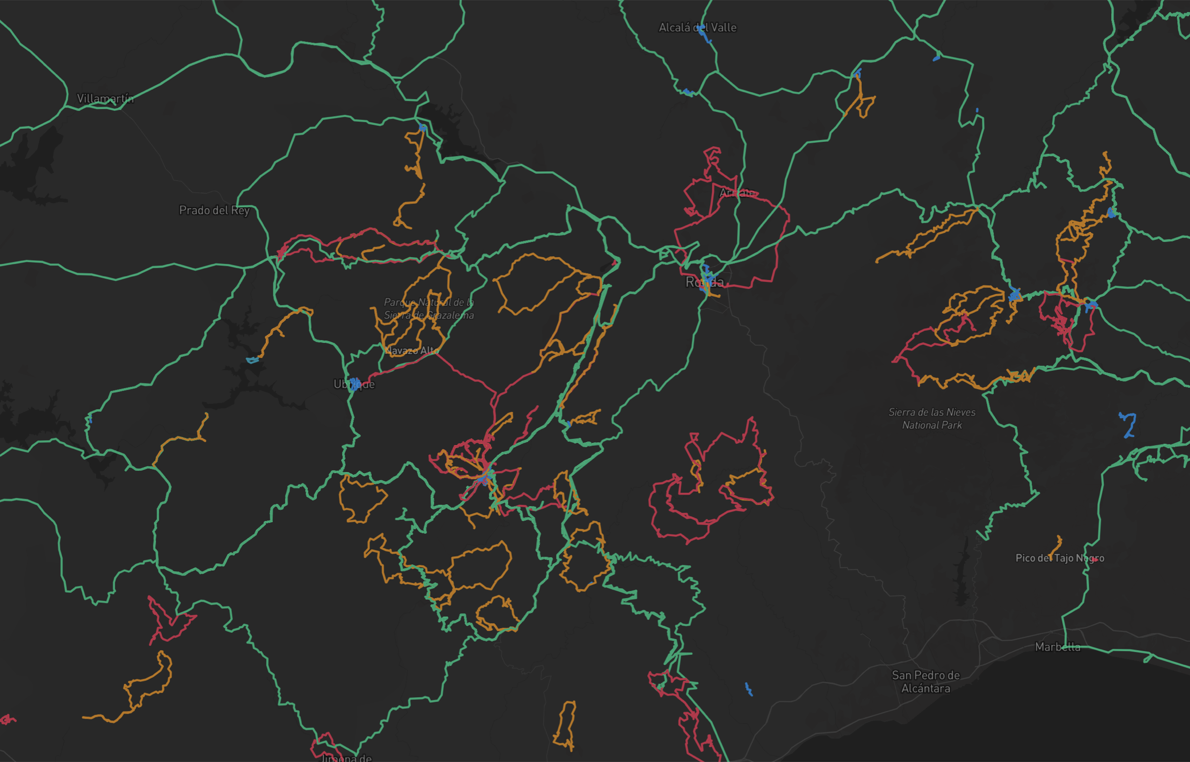 Datavata terrain coverage map showing all roads and trails explored around Cortes