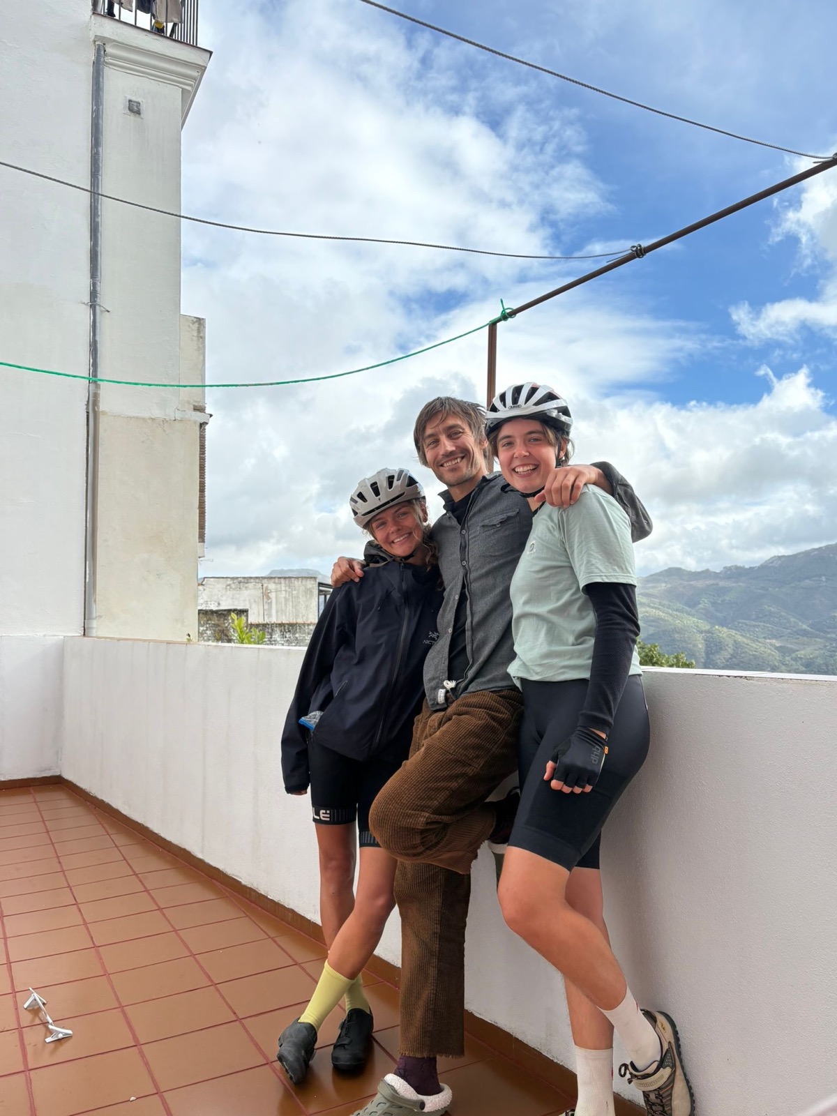 Touring cyclist arriving at the house in Cortes through WarmShowers